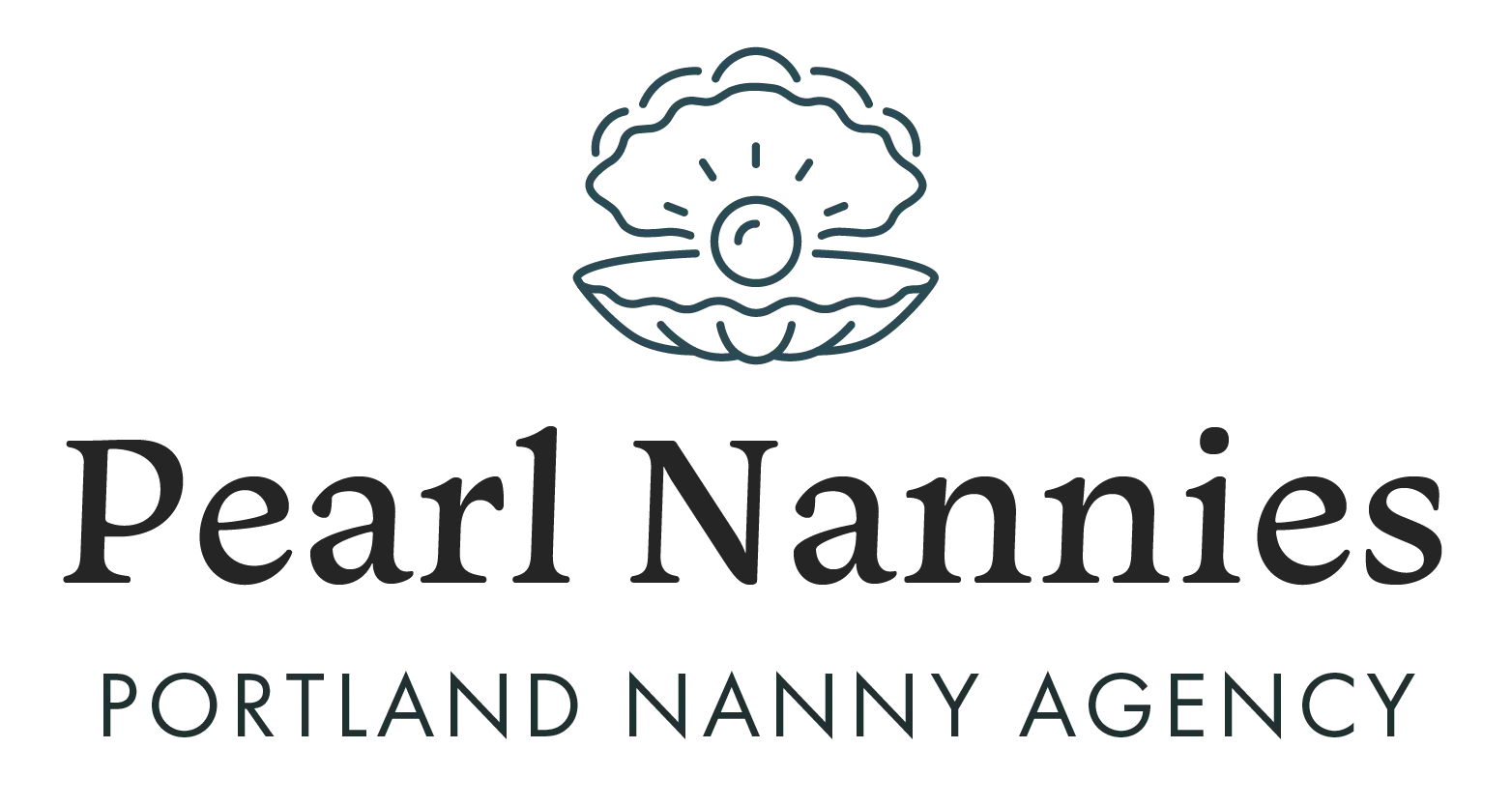 The Pearl Nannies Logo is an open oyster with a pearl in the middle stacked on top of a line of text that says Pearl Nannies which is then stacked on top of another line of text that says Portland Nanny Agency